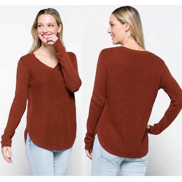 NWT STITCH FIX X RD STYLE Cinnamon Cotton Rib Knit V-Neck Curve Hem Sweater L - Picture 1 of 10